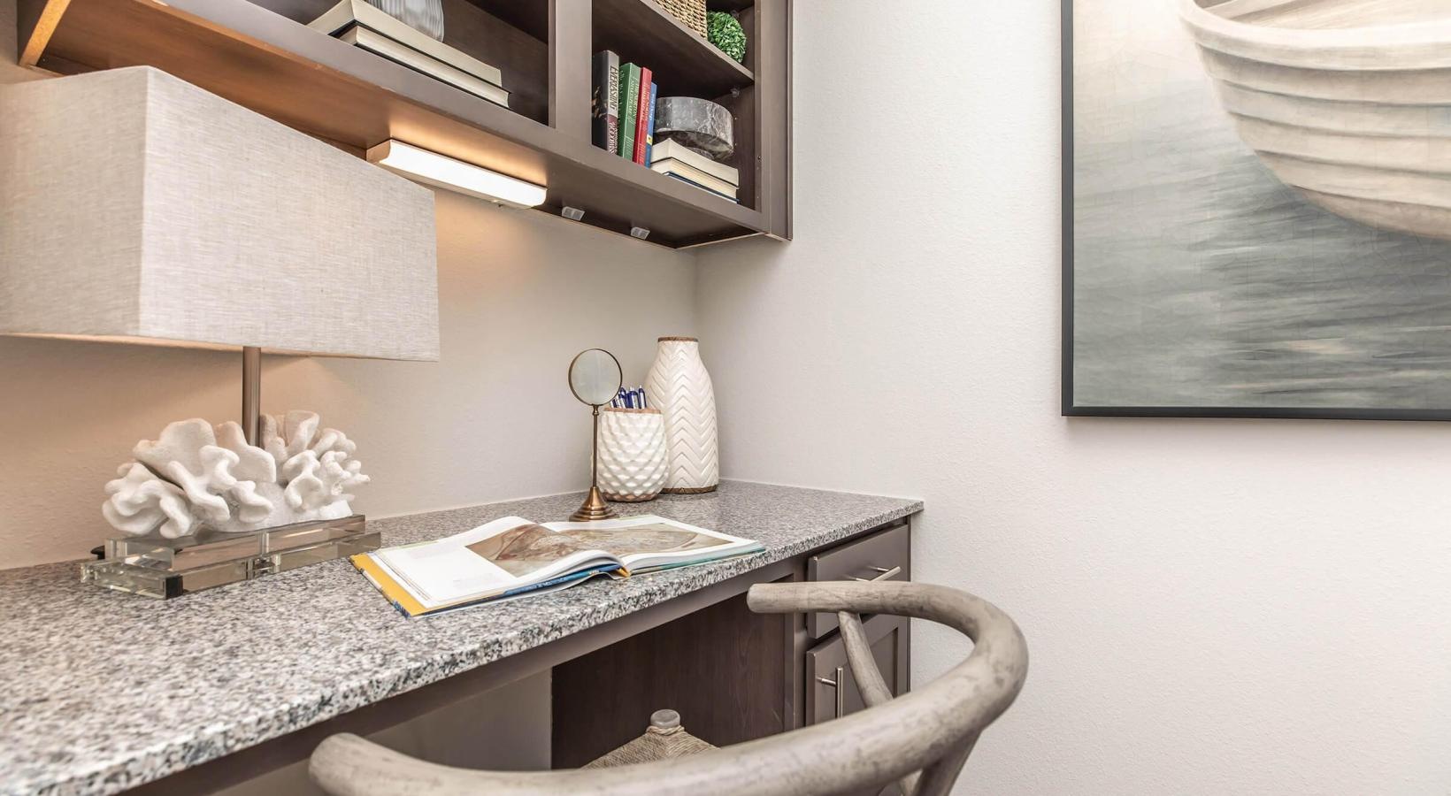 a desk with a lamp and books on it